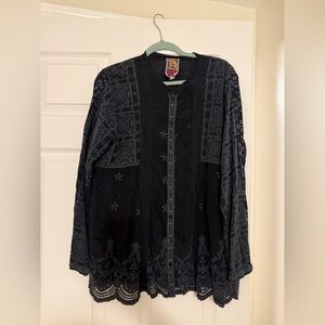 Johnny Was Eyelet Black Button Front Tunic Top